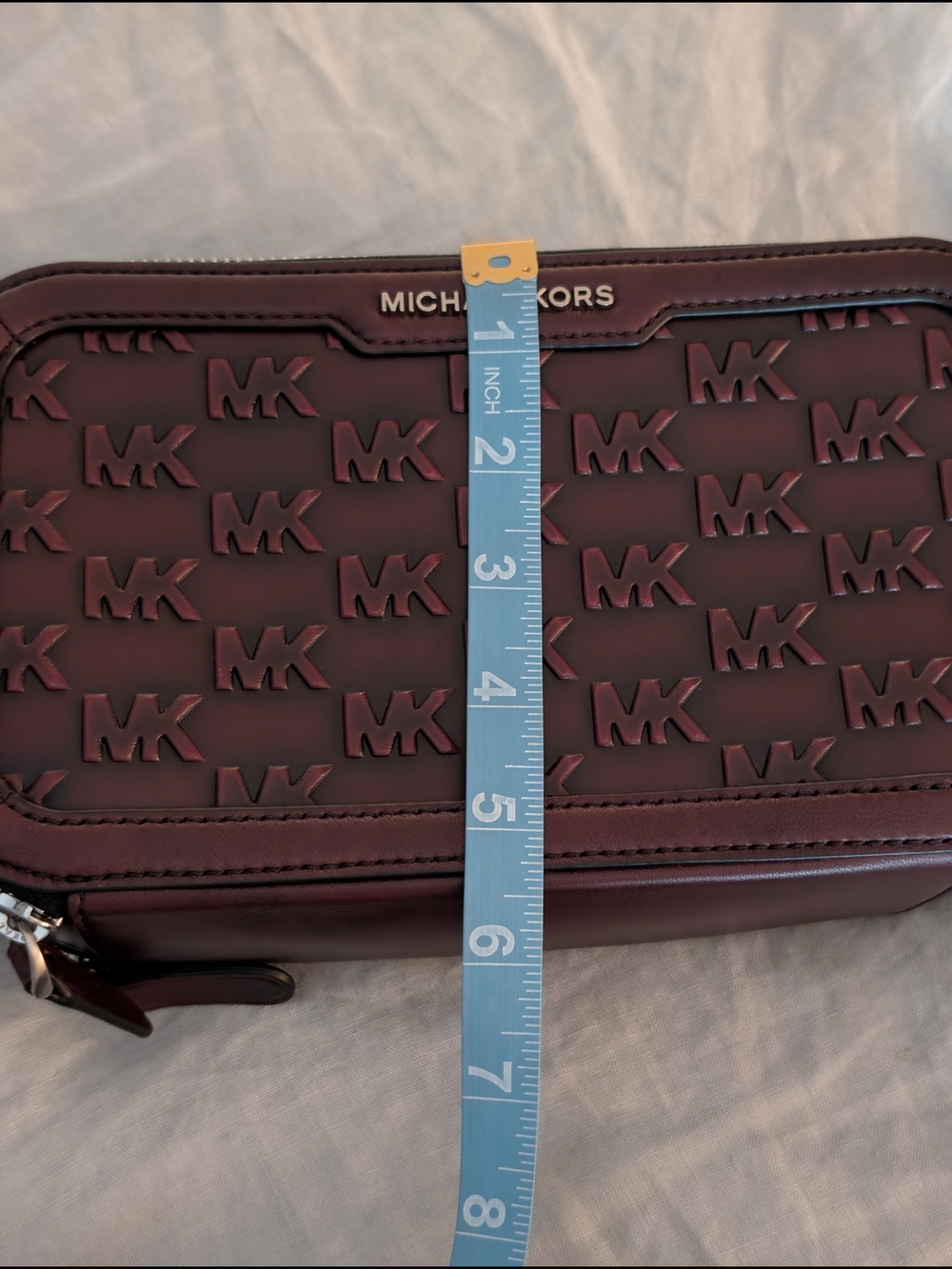 Michael Kors Men's MK Raised Logo Burgandy Burnished Leather Crossbody Bag - Picture 13 of 14